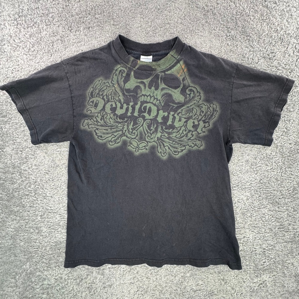 DevilDriver Band Shirt Men M Black Green Skull Graphic Tennessee River Tee FLAW*